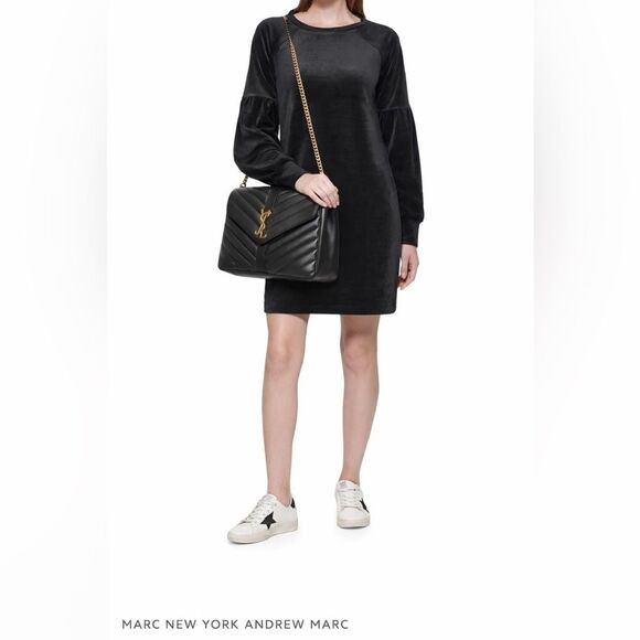 Marc New York Dresses & Skirts - Marc New York Performance Black Velvet Puff Sleeve Shift Shirt Dress size M Chic